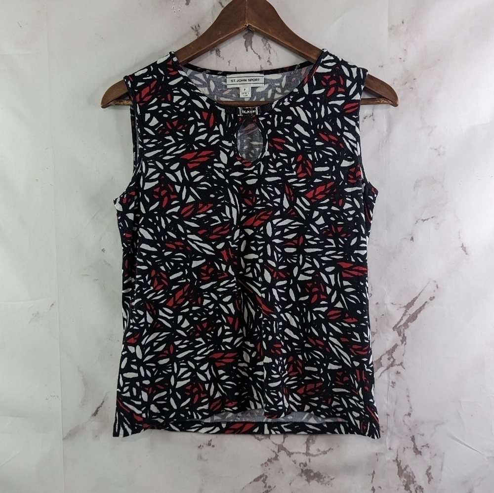 St John Shirt Womens Small Black Red White Tank Top Stretch Sport Keyhole Petite